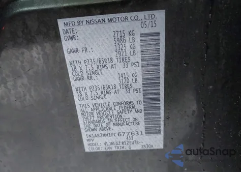 2015 Nissan Pathfinder Sl z USA, uszkodzony, nr VIN 5N1AR2MM1FC677631